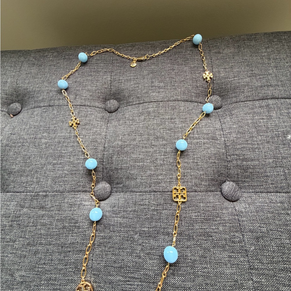 Tory Burch - Long Gold-Tone Necklace with Turquoise Blue Beads and TB Logos
